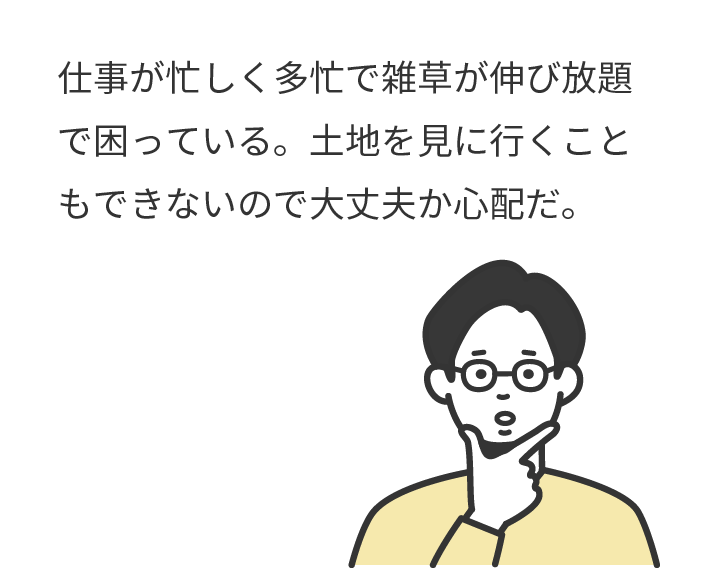 仕事が忙しく多忙で雑草が伸び放題で困っている。土地を見に行くこともできないので大丈夫か心配だ。